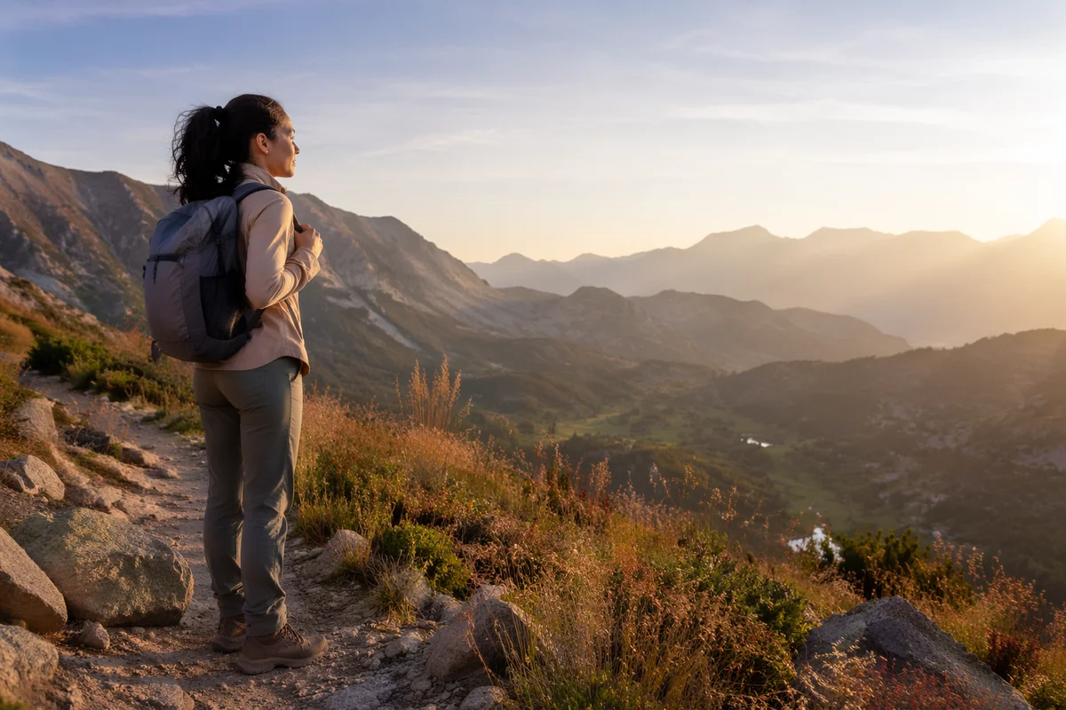 Woman on Mountain Trail at Sunrise