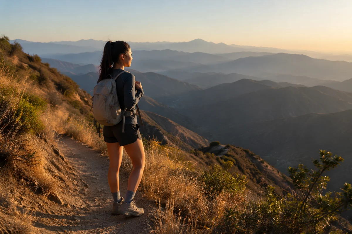 Woman Hiking Mountain Trail at Golden Hour