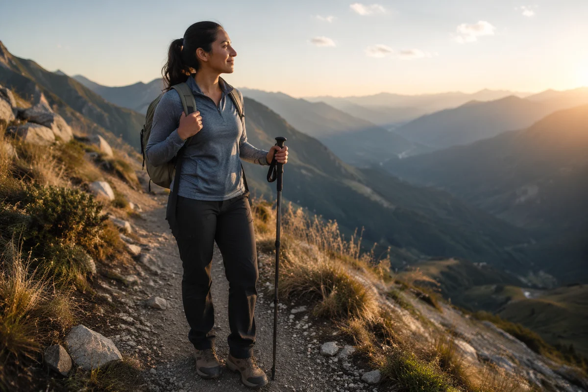 Woman Hiking Mountain Trail at Golden Hour