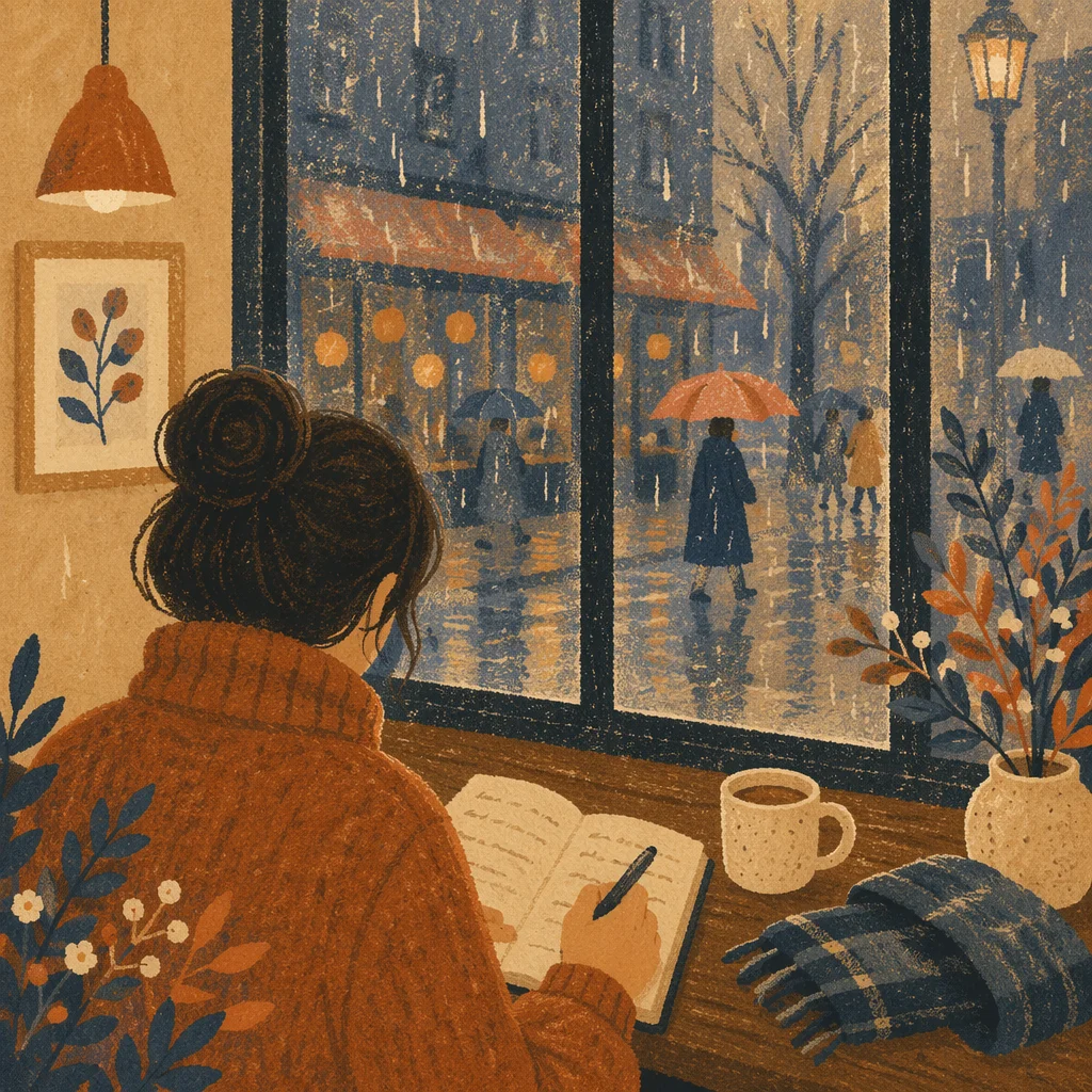 Rainy Morning Journaling by Coffee Shop Window