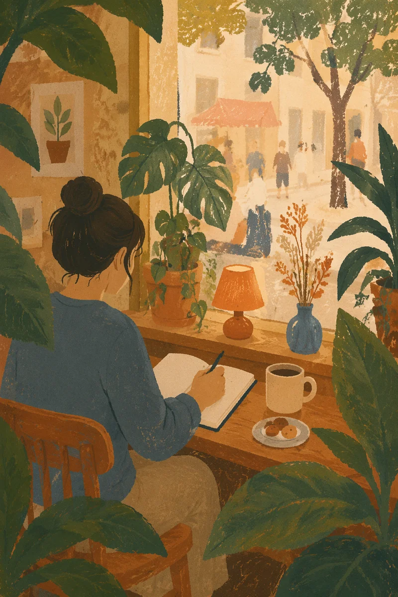 Quiet Journaling at Cozy Coffee Shop Window