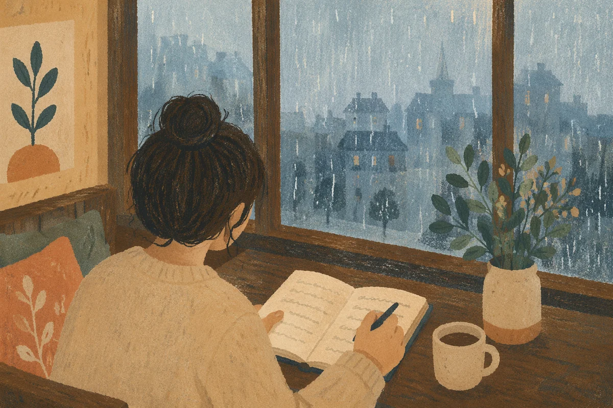 Peaceful Journaling by Rainy Coffee Shop Window