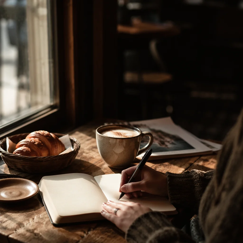 Quiet Journaling at Cozy Coffee Shop Window