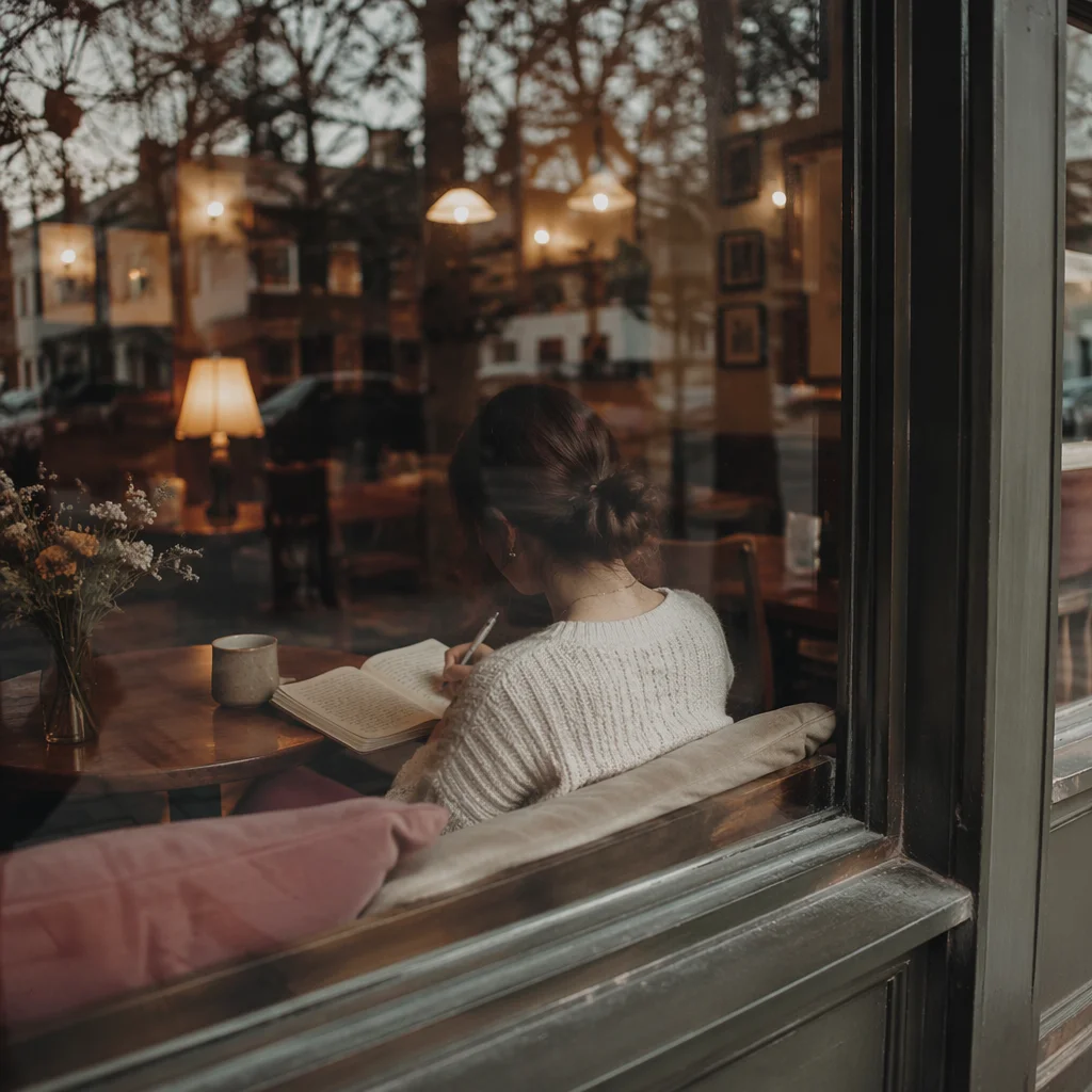 Quiet Coffee Shop Window Journaling Moment