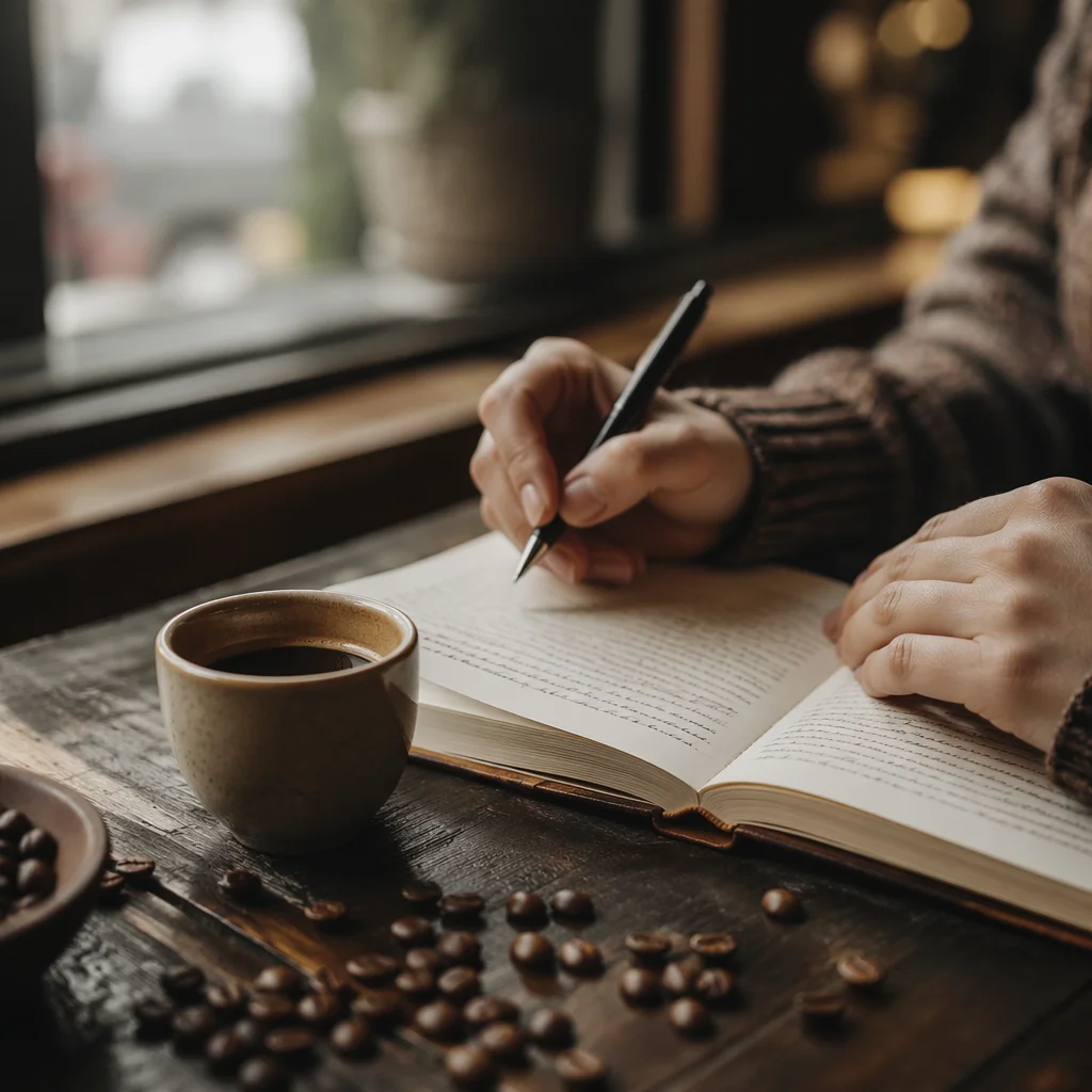 Quiet Morning Journaling at Coffee Shop Window