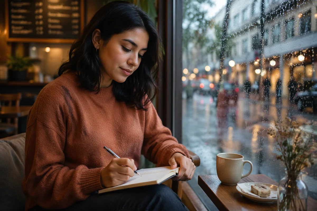 Woman Journaling by Coffee Shop Window