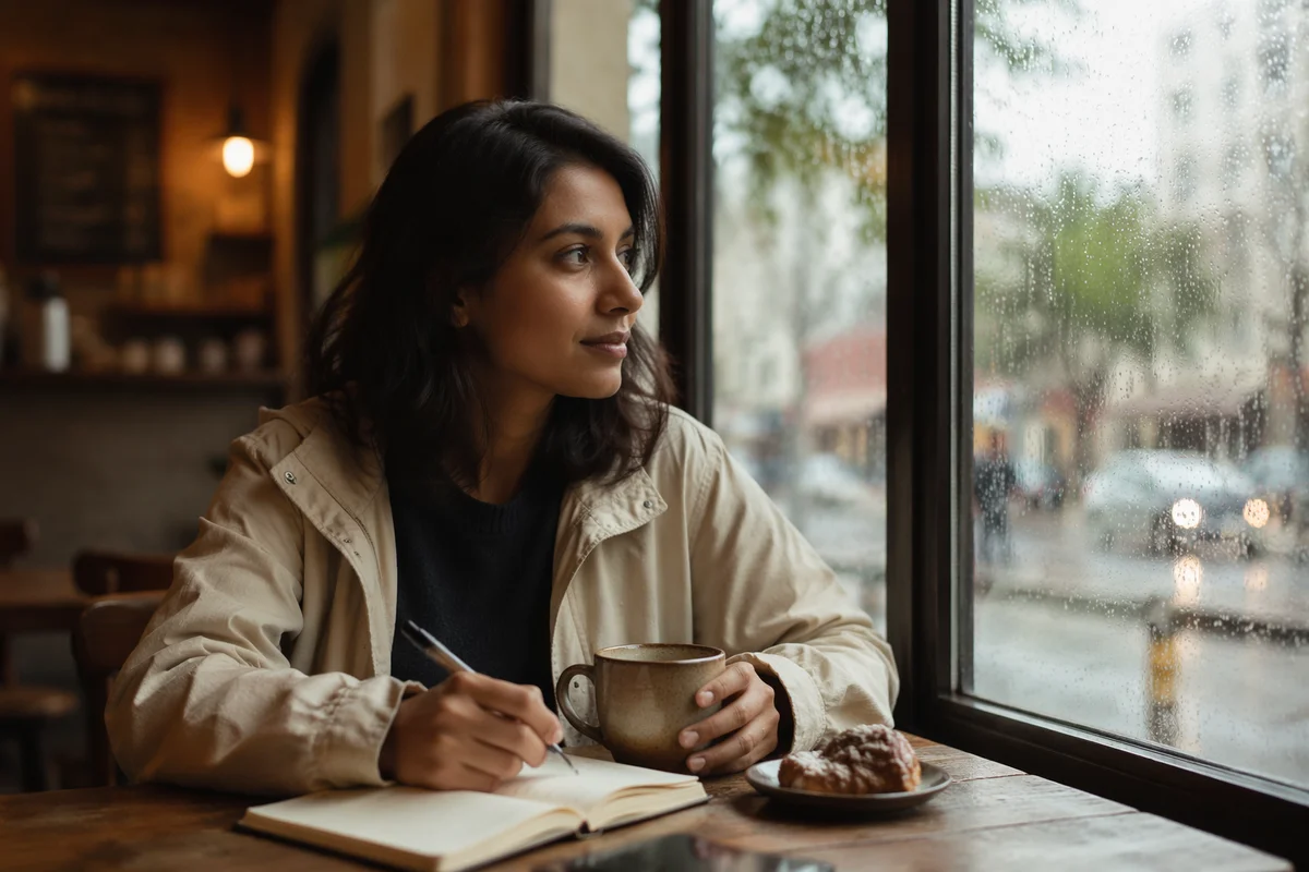 Woman Journaling by Coffee Shop Window
