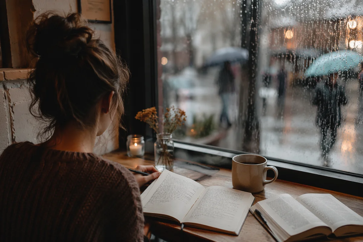 Person Journaling by Coffee Shop Window