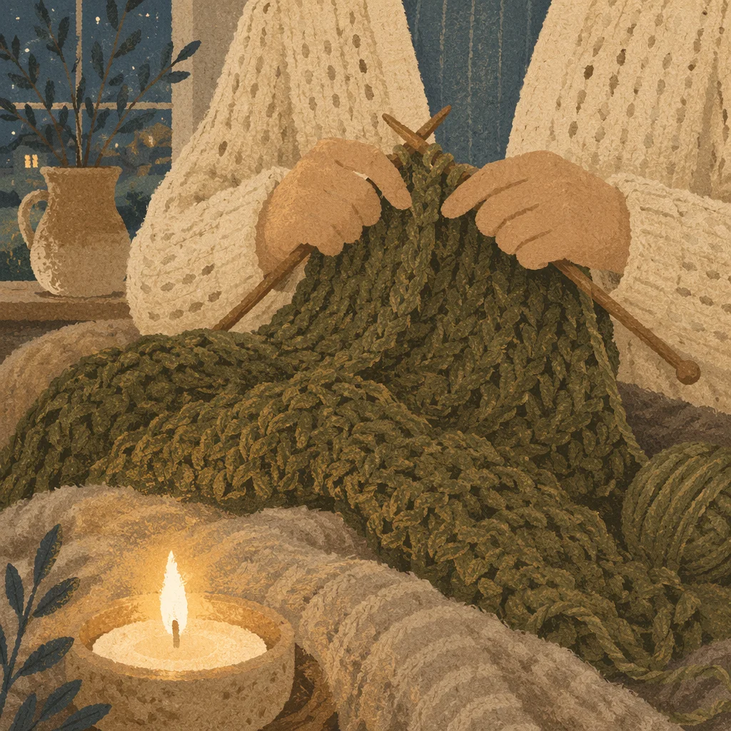 Cozy Evening Knitting Olive Blanket
