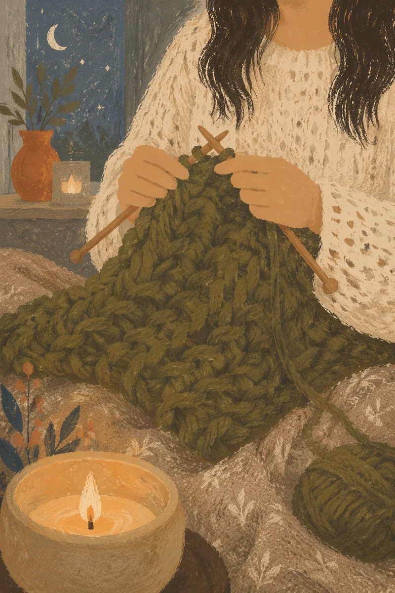 Cozy Evening Hands Knitting Olive Blanket