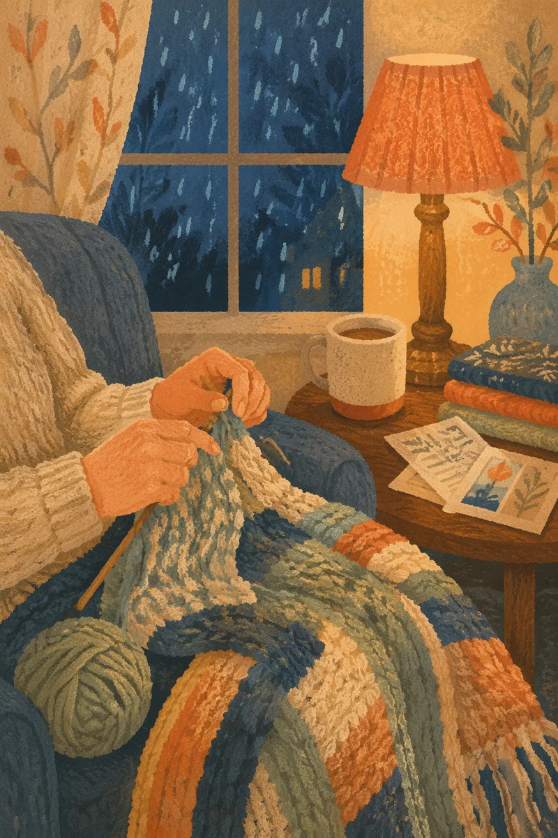 Cozy Evening Knitting by Rainy Window