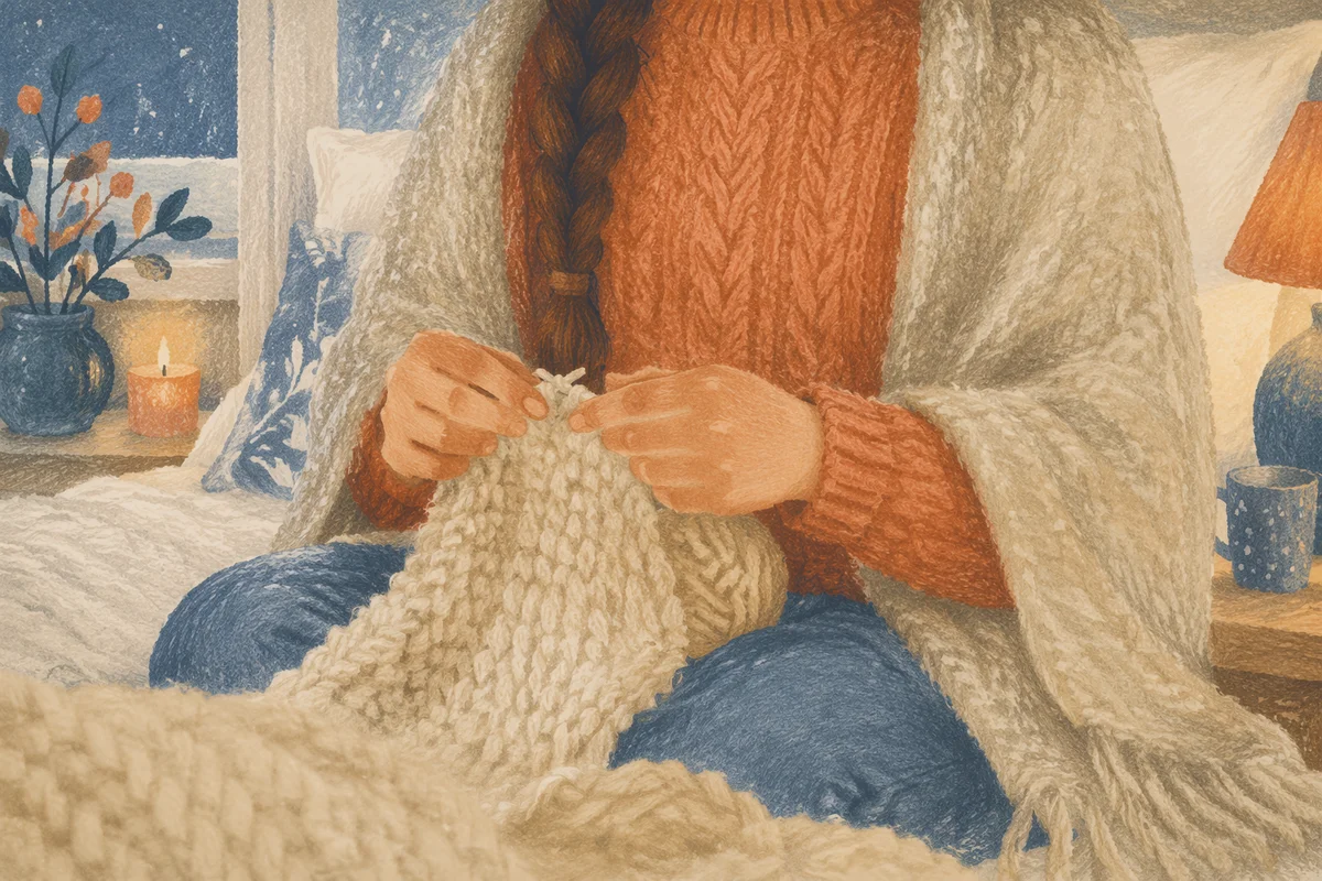 Cozy Evening Knitting on White Bed