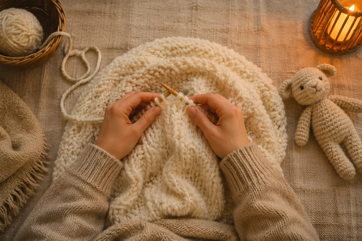 Cozy Evening Hands Knitting Ivory Blanket