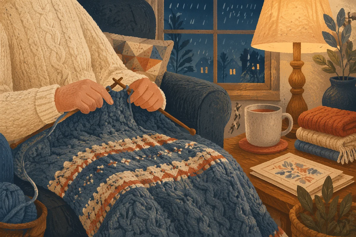 Cozy Evening Knitting by Rainy Window