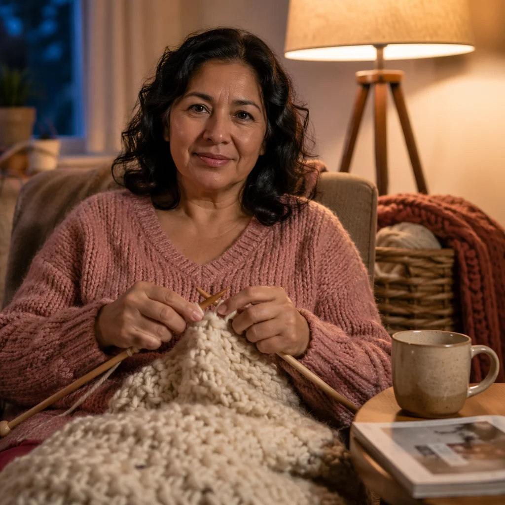 Woman Knitting Blanket in Cozy Living Room