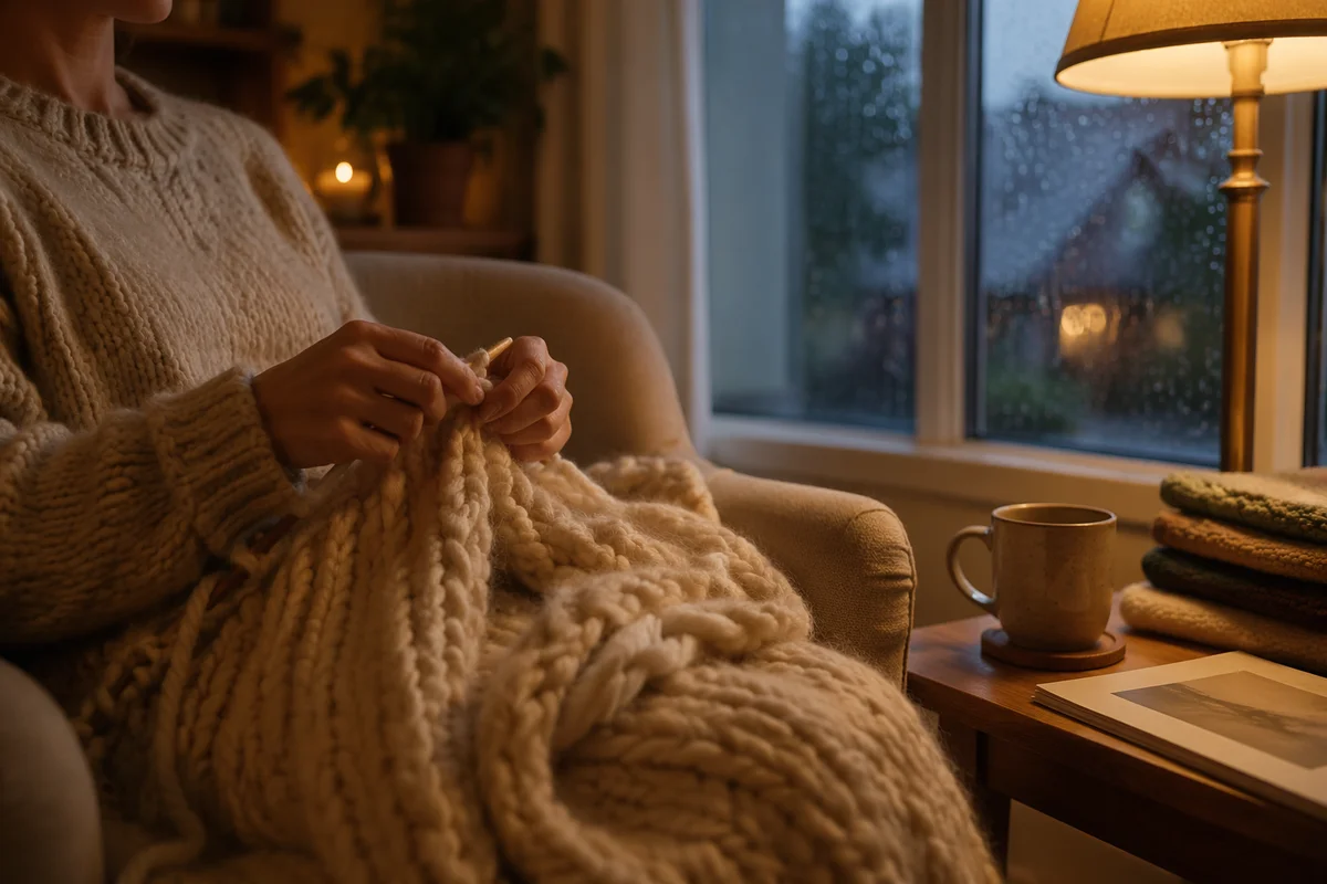Cozy Evening Knitting by Rainy Window