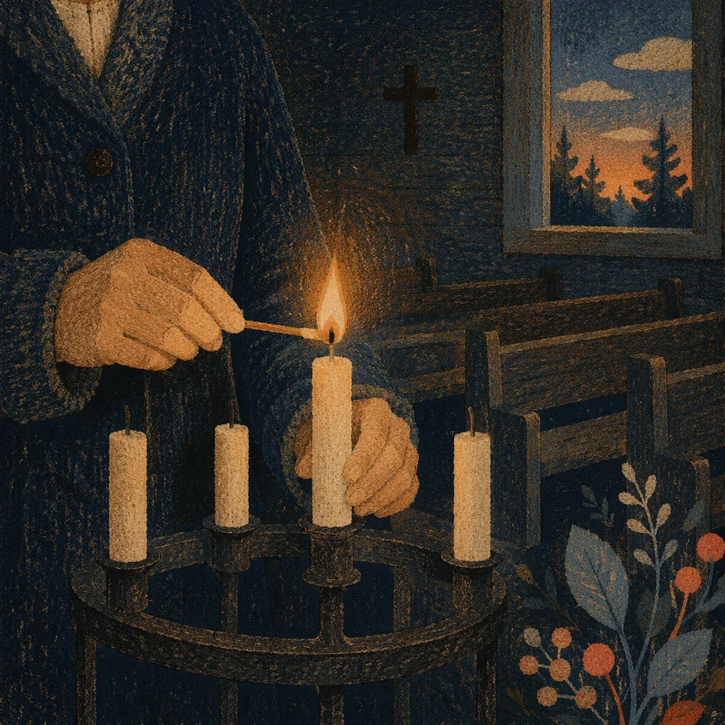 Candlelit Prayer in a Dark Wooden Church