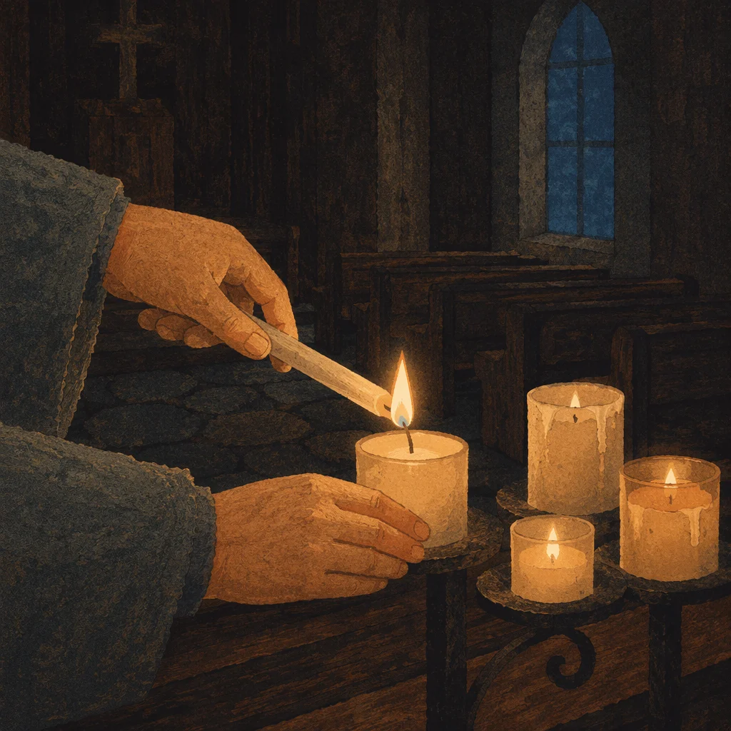 Hands Lighting Candle in Dark Chapel