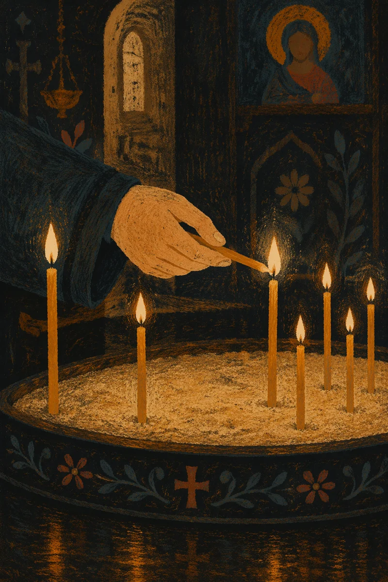 Hand Lighting Votive Candle in Dark Chapel