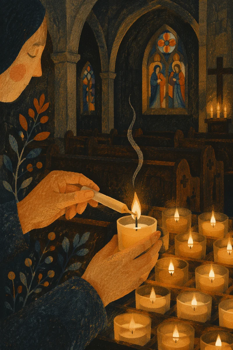 Candlelit Prayer Hands in Historic Church