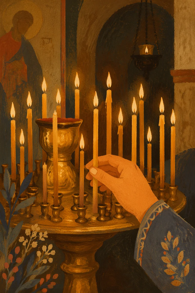 Hand Lighting Beeswax Candle in Dark Chapel