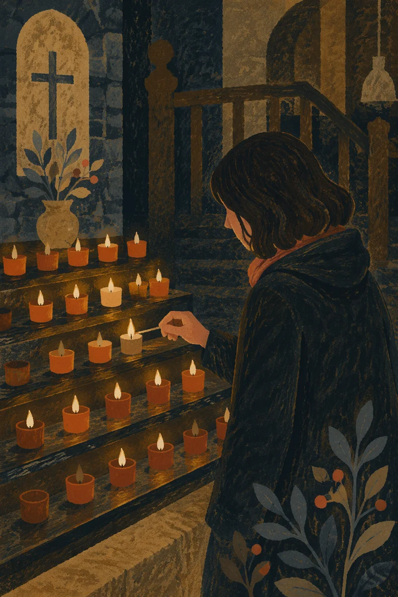 Person Lighting Votive Candle in Dark Church