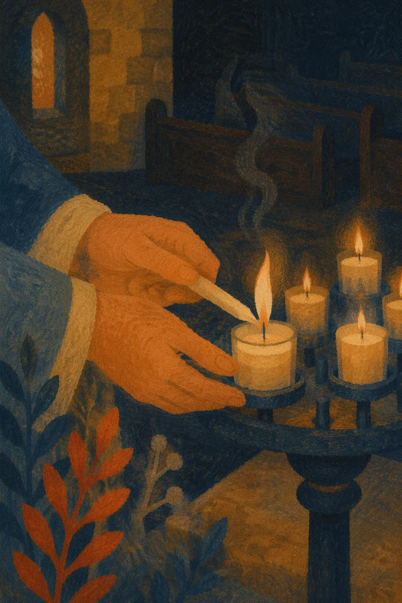 Hands Lighting Votive Candle in Dark Church