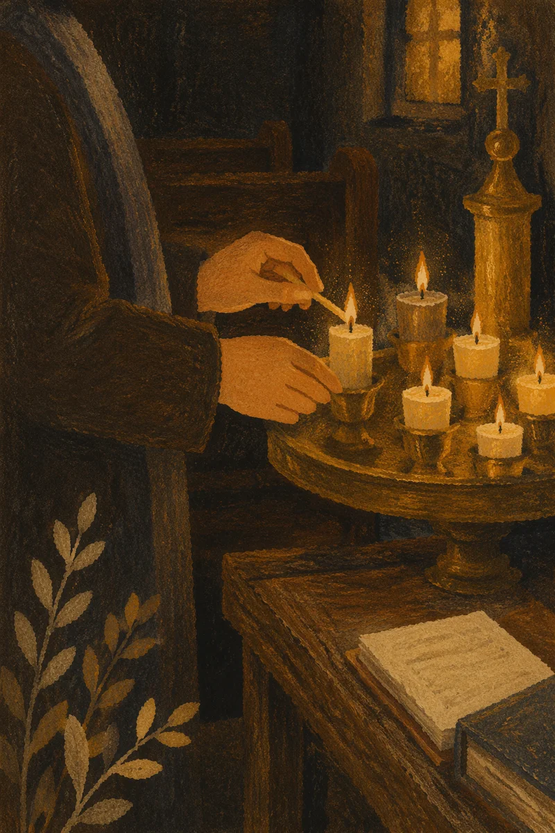 Hands Lighting Candle in Quiet Chapel