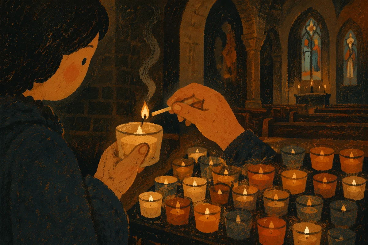 Hands Lighting Votive Candle in Dark Church