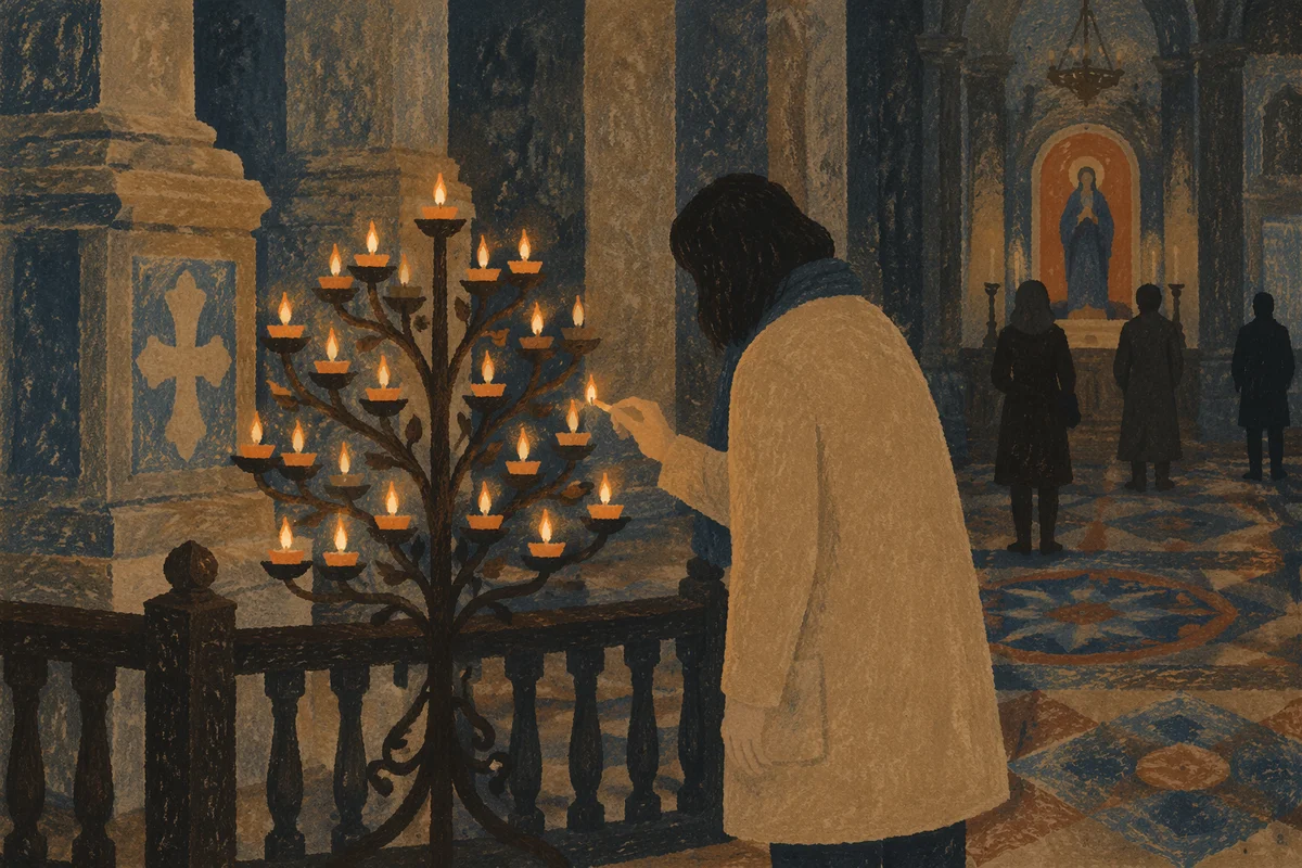Person Lighting Candle in Historic Church