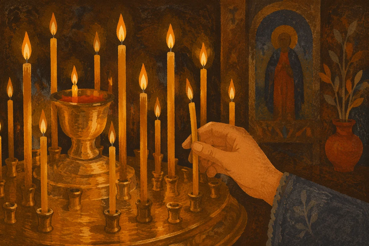 Hand Lighting Candle in Quiet Chapel