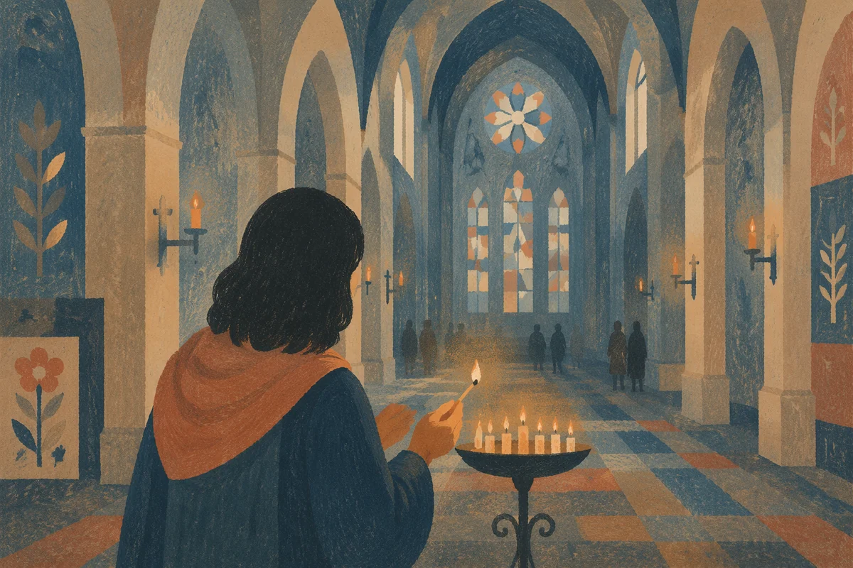 Person Lighting Candle in Historic Church