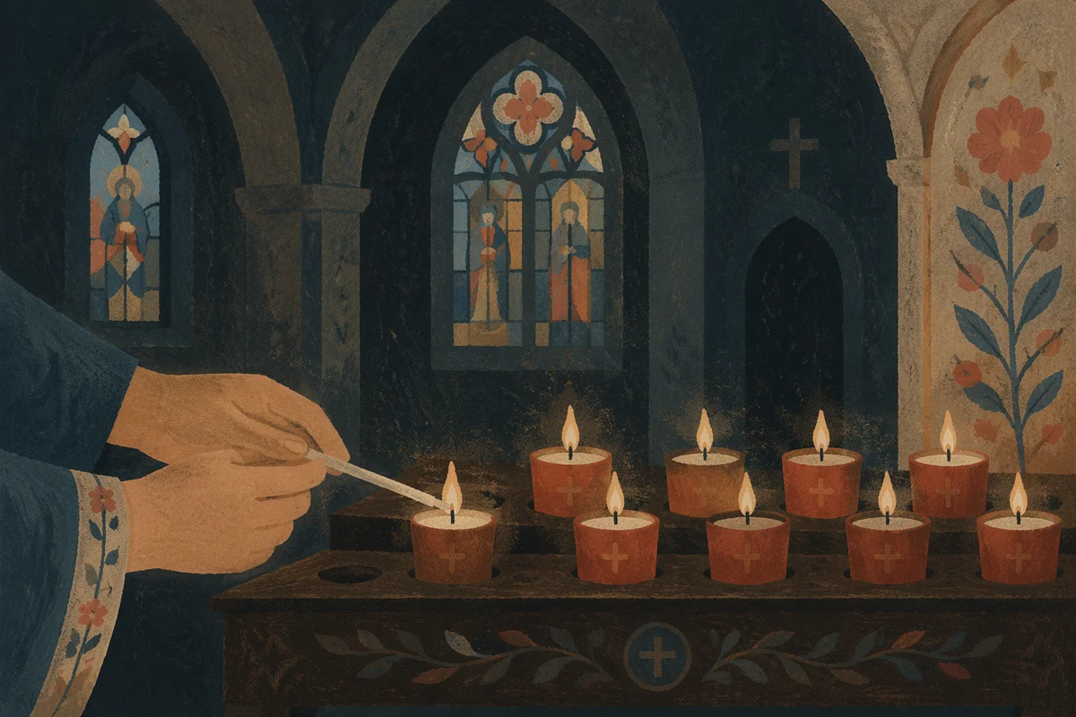 Lighting Prayer Candles in a Dark Church