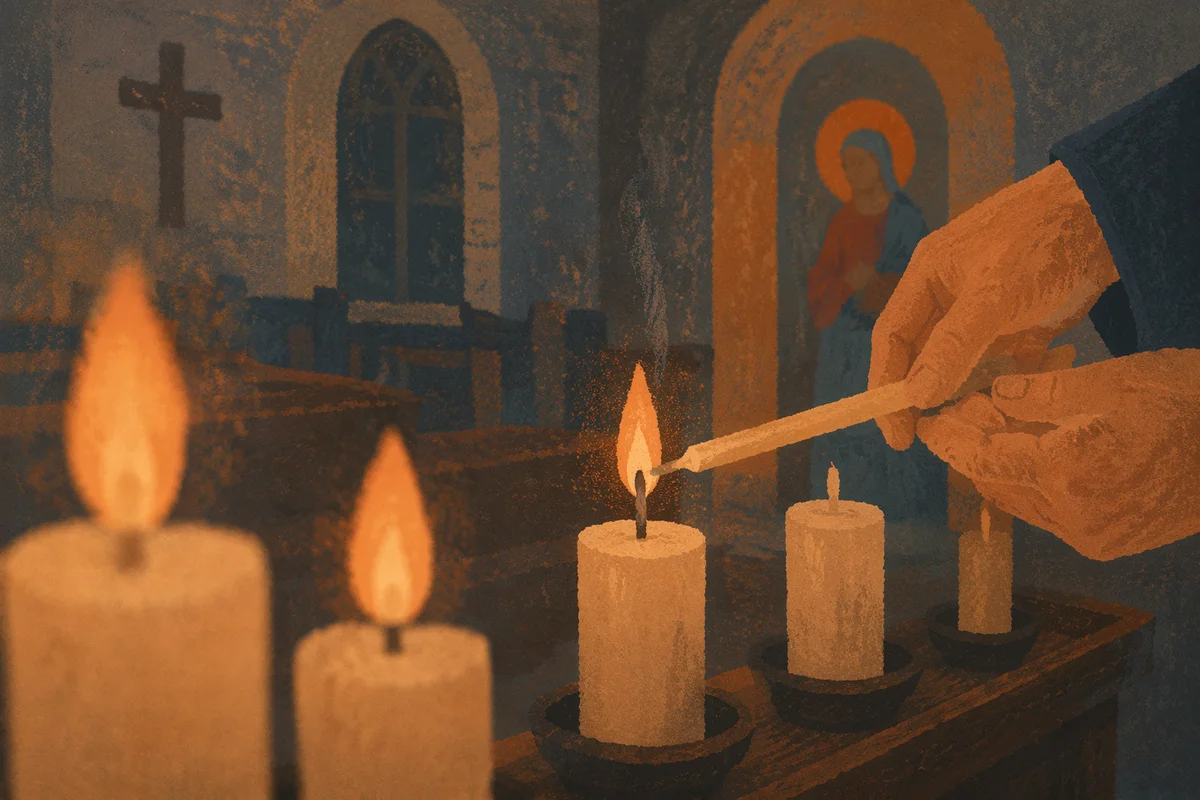 Hands Lighting Prayer Candles in Dark Church