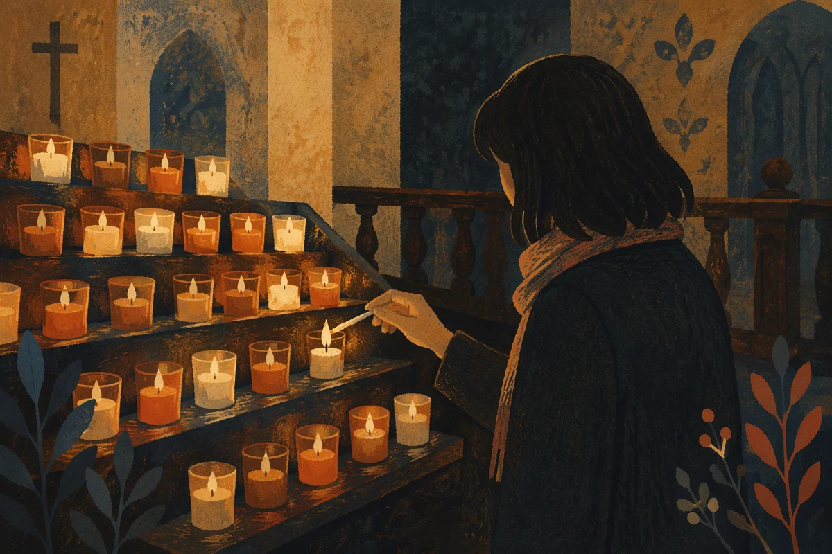 Quiet Prayer Candle in Dim Church