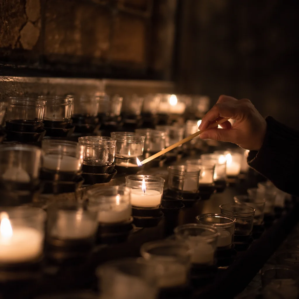 Hand Lighting Votive Candle in Dark Church