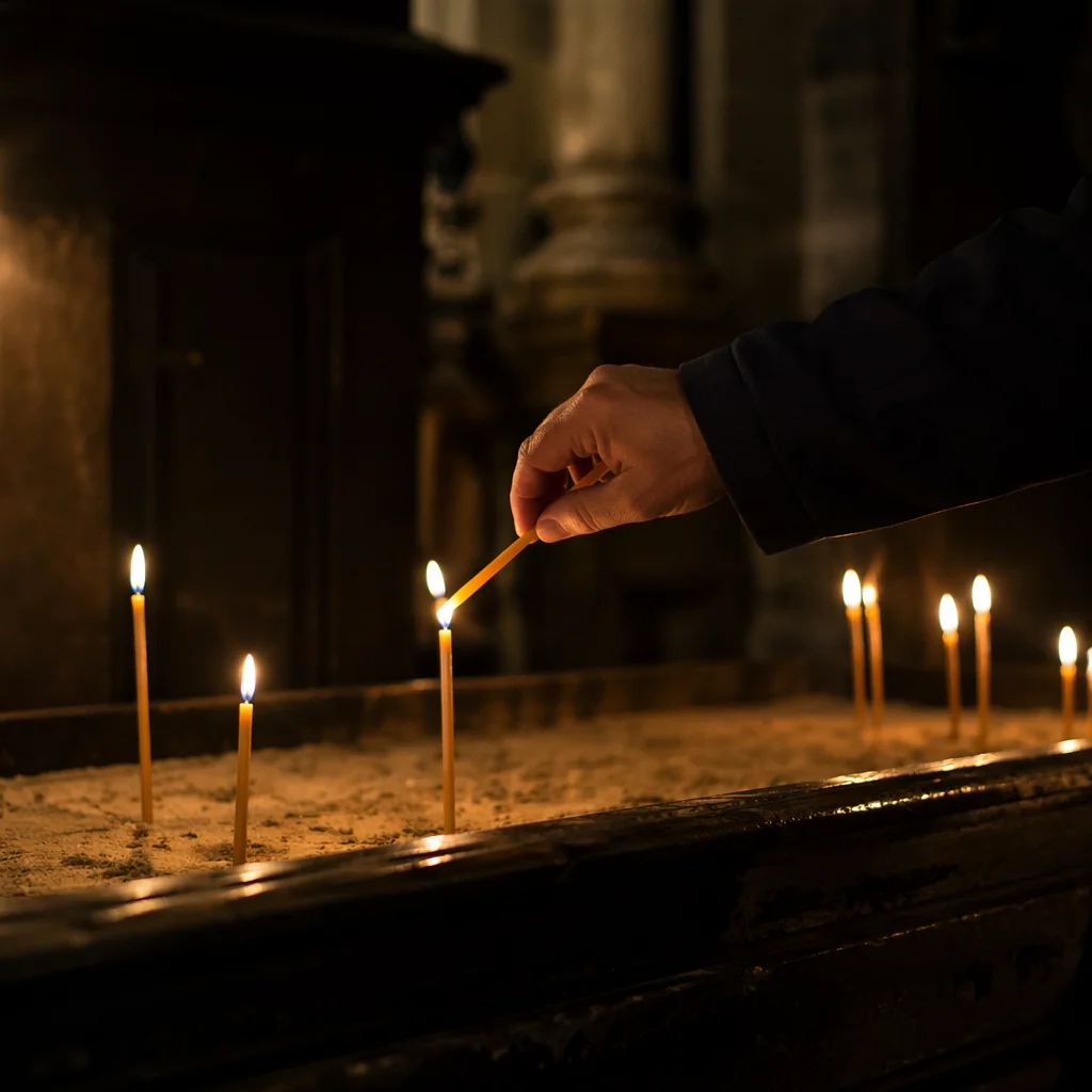 Hand Lighting Votive Candle in Dark Chapel