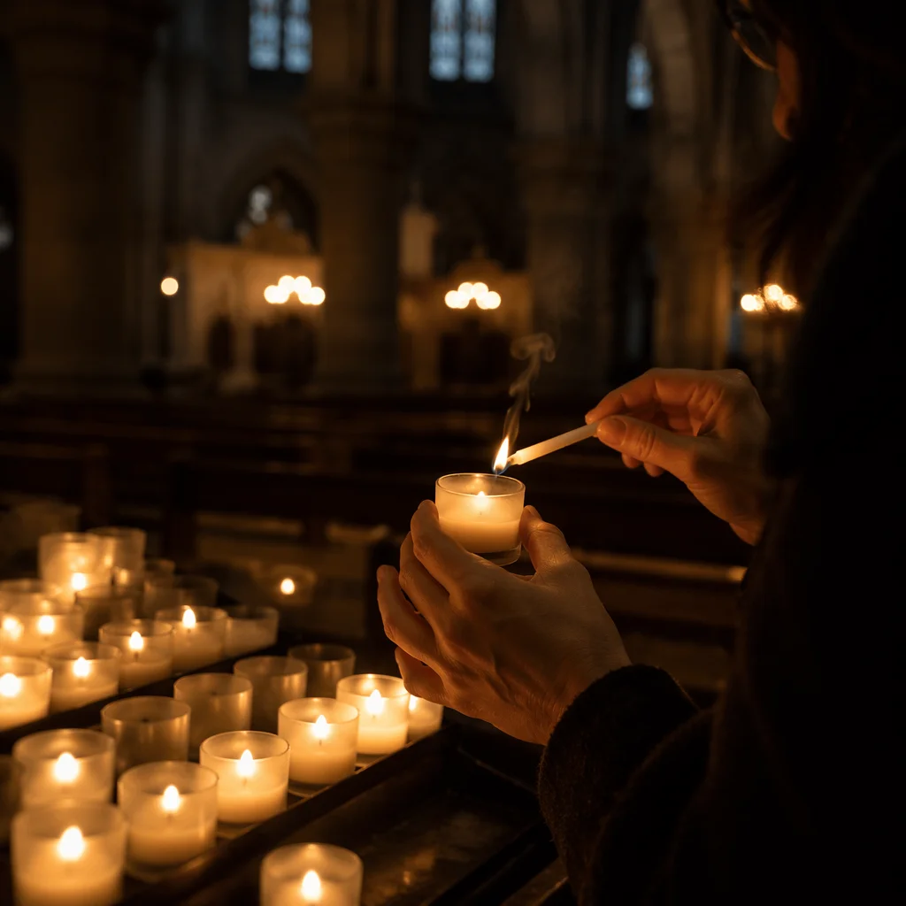 Hands Lighting Candle in Dark Church