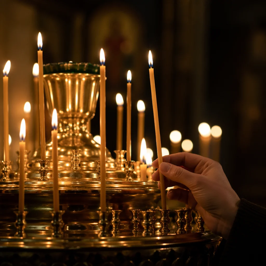 Hand Lighting Candle in Quiet Chapel