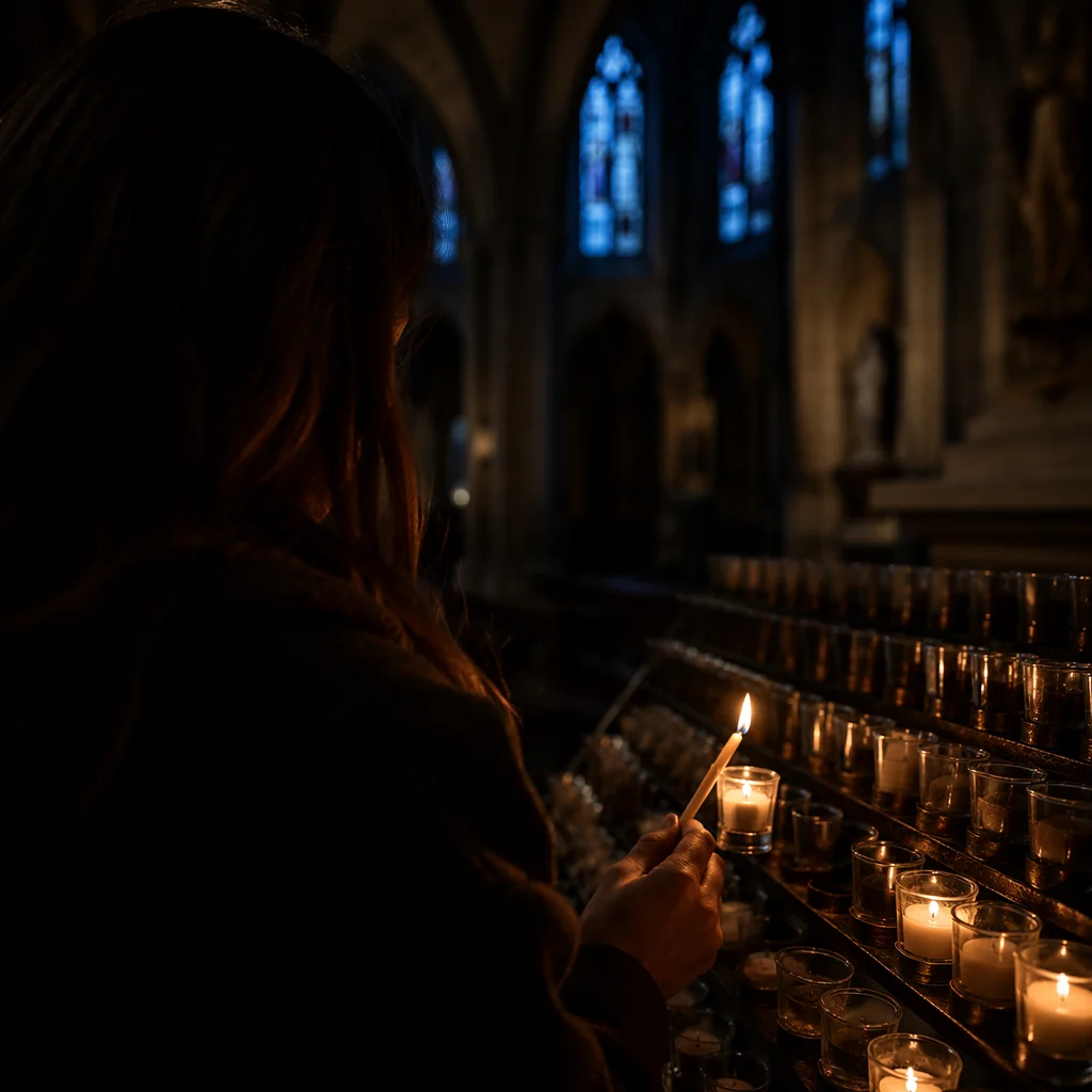 Person Lighting Candle in Quiet Church