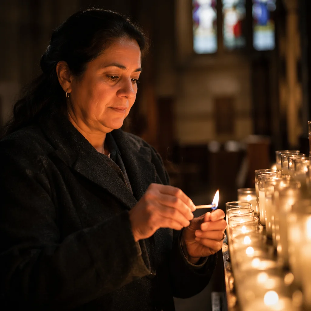 Woman Lighting Candle in Quiet Church