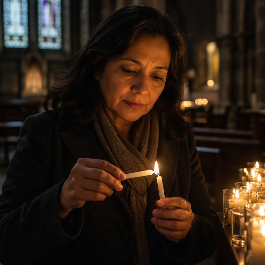 Woman Lighting Candle in Stone Church