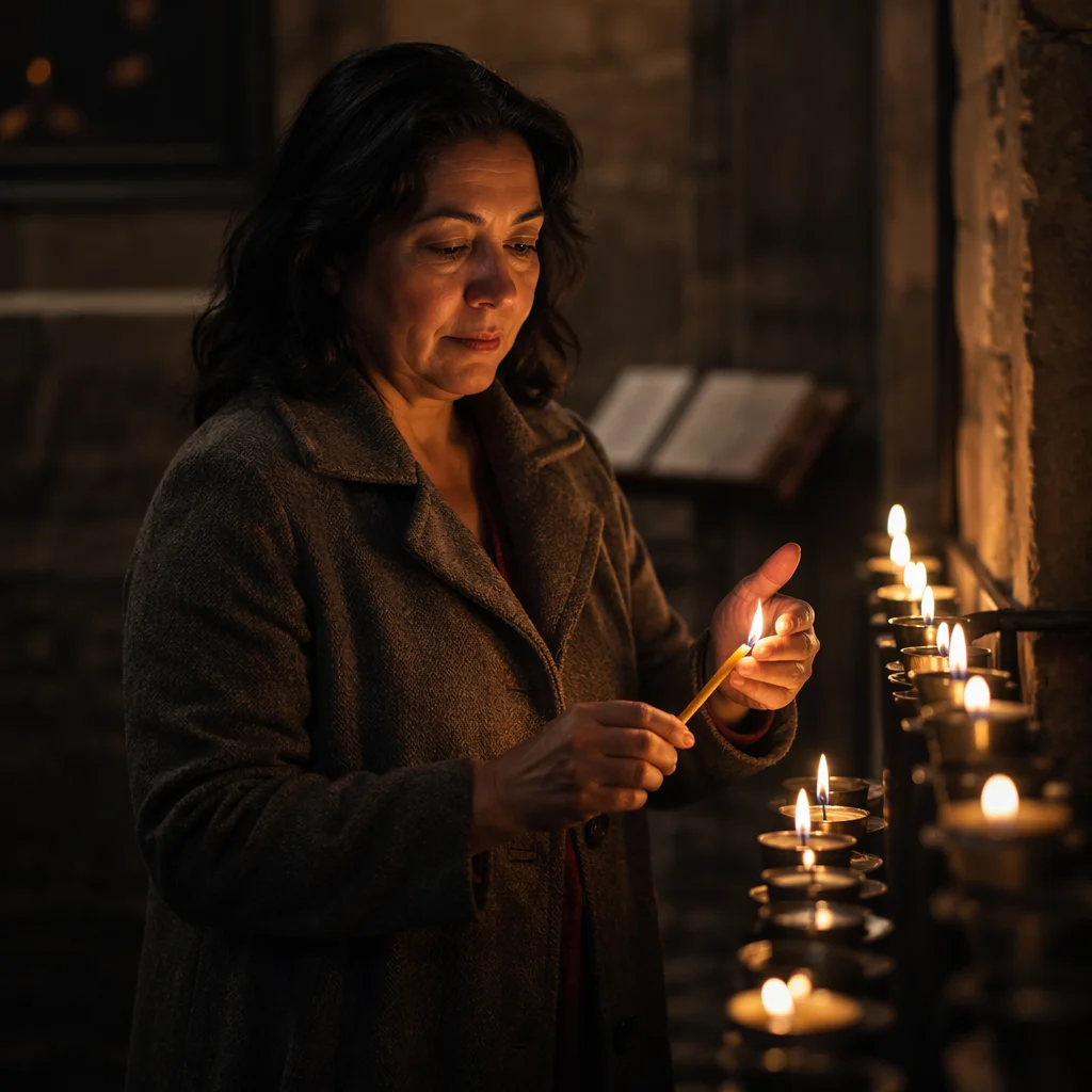 Woman Lighting Candle in Dim Church