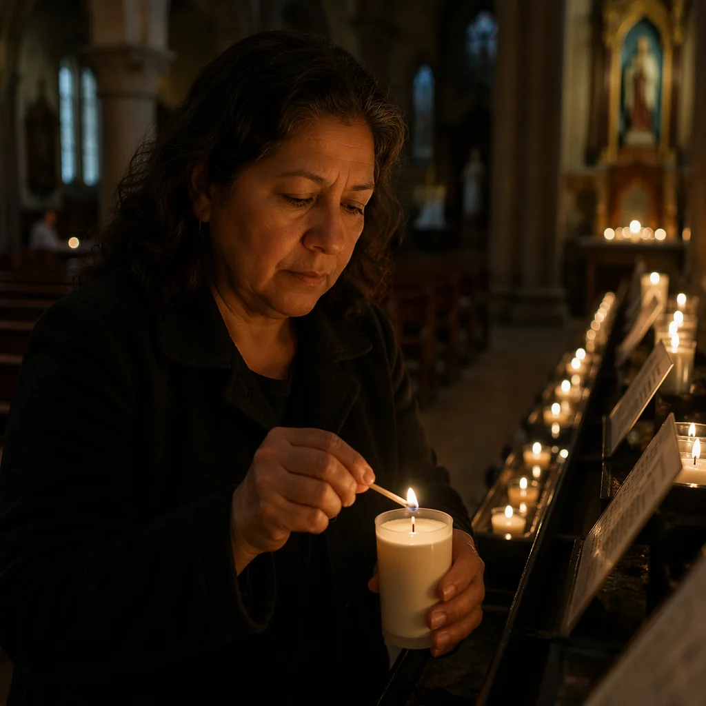 Woman Lighting Candle in Dim Church