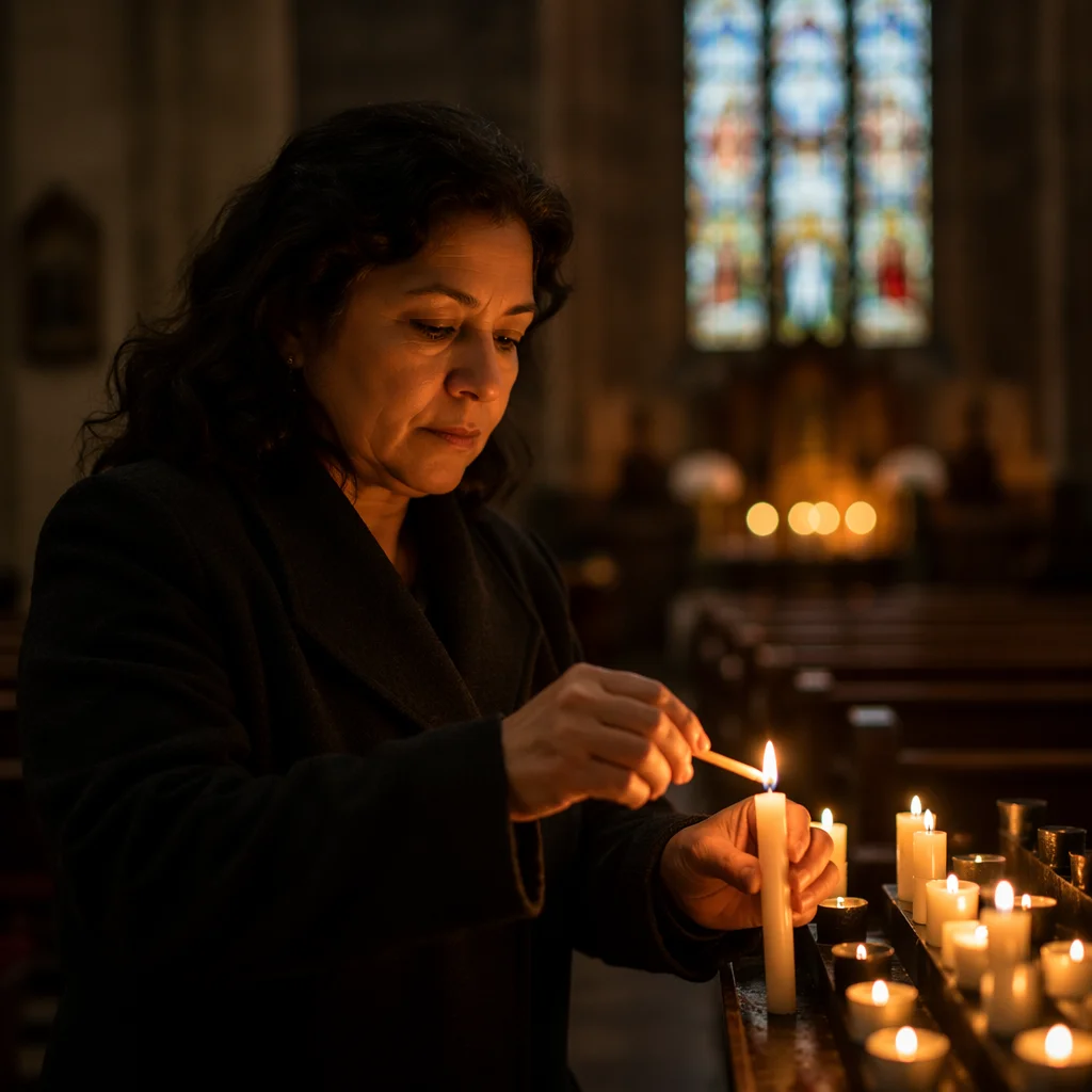 Woman Lighting Candle in Stone Church