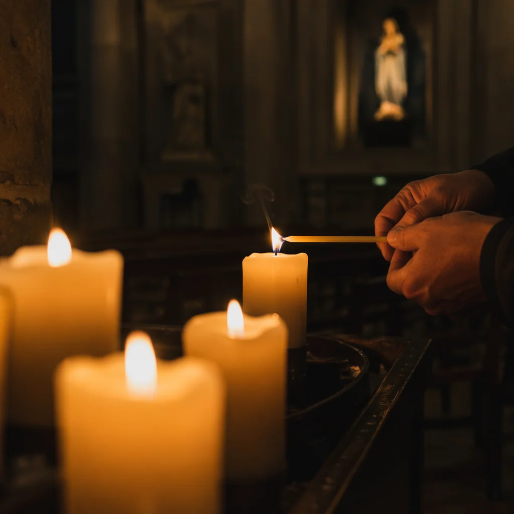 Hands Lighting Candles in Dark Church