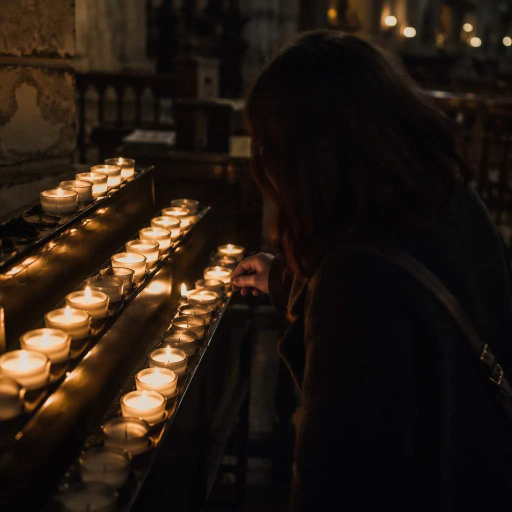 Person Lighting Votive Candle in Dark Church