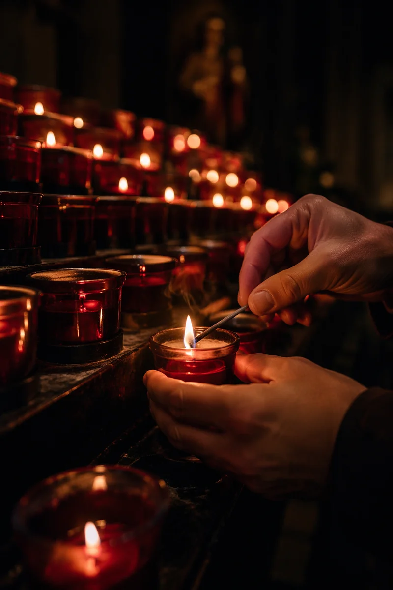 Hands Lighting Red Votive Candles in Church
