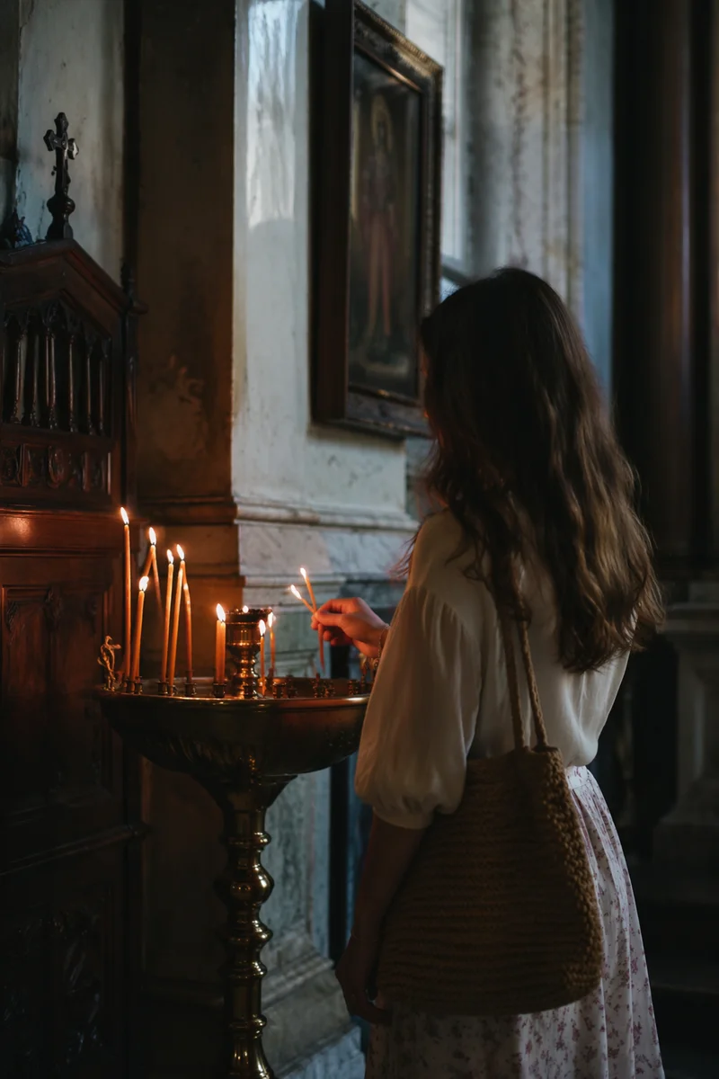 Person Lighting Candle in Dim Church