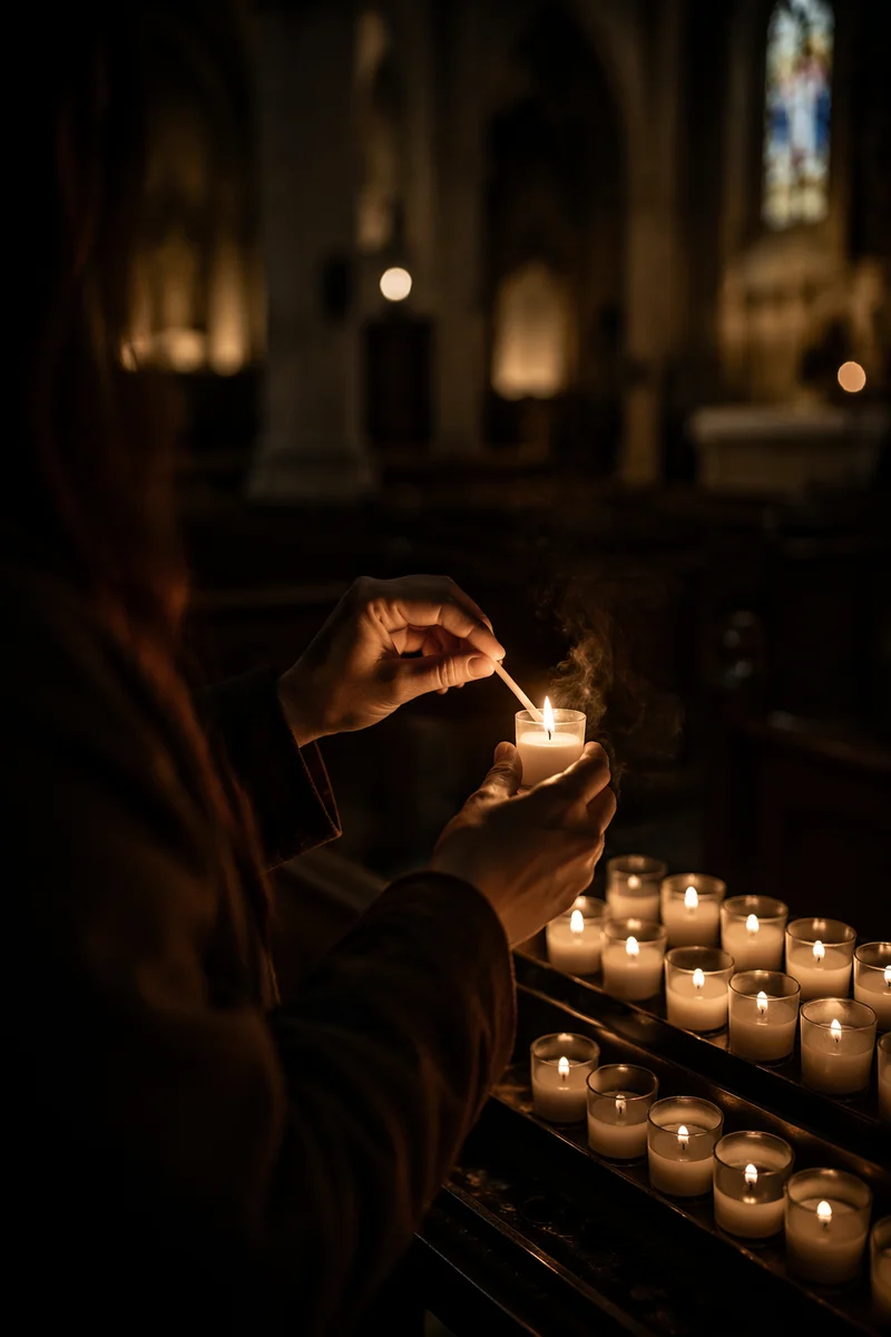Hands Lighting Votive Candle in Dark Church